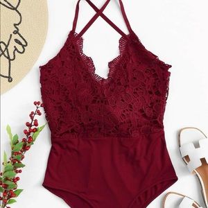 Lace Crochet Contrast Tie Back Bodysuit